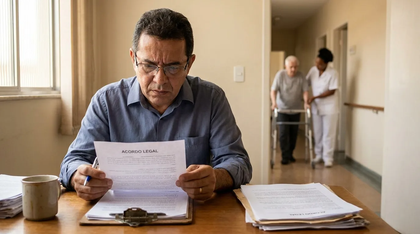 Gestor de ILPI analisando documentos jurídicos na instituição